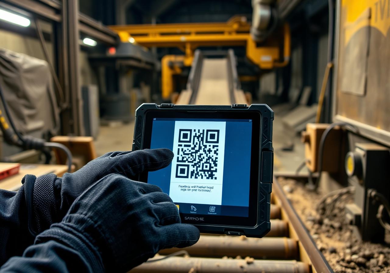 Tablette rugged scannant un QR code sur un convoyeur industriel