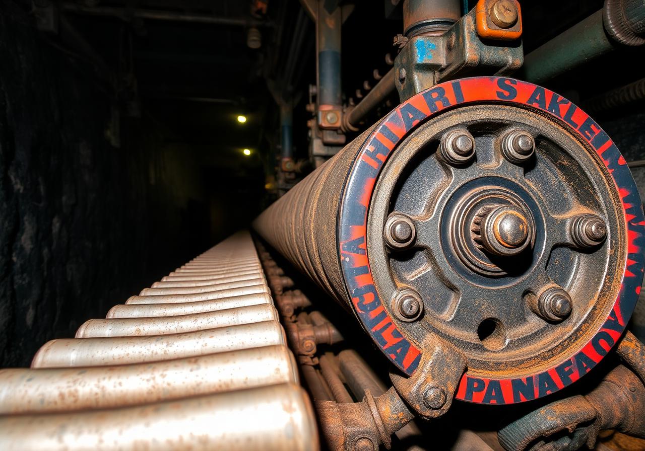 Détail mécanique d'un tambour de convoyeur en galerie minière