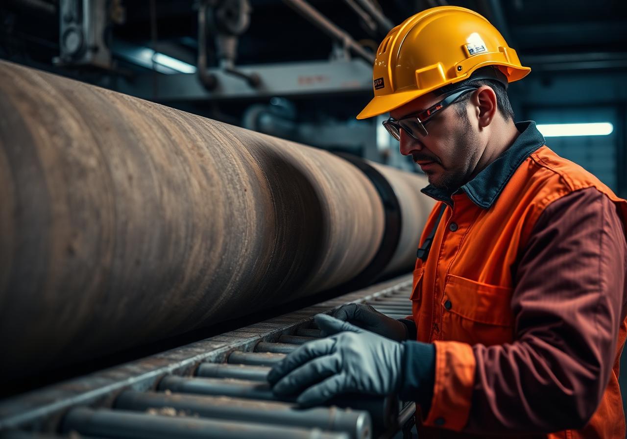 Technicien inspectant un tambour et des rouleaux de convoyeur industriel